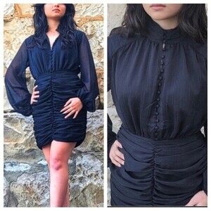 House of Harlow 1960 Black Dress LBD Mini Ruched button Sheer Long Sleeves NWT 8